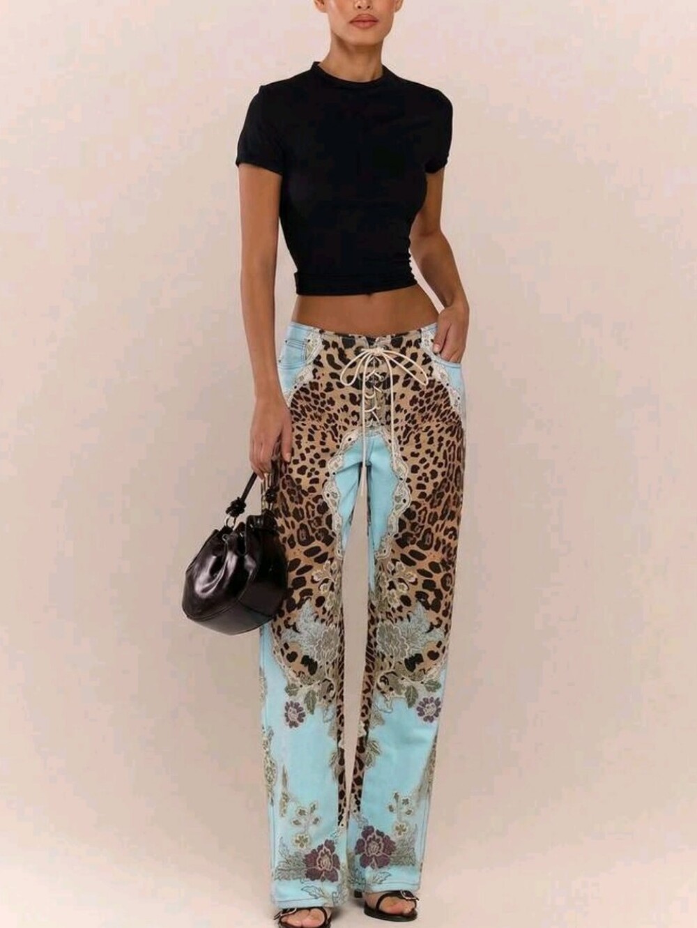 Peacock Print Lace Up Straight Leg Printed Jeans Coo